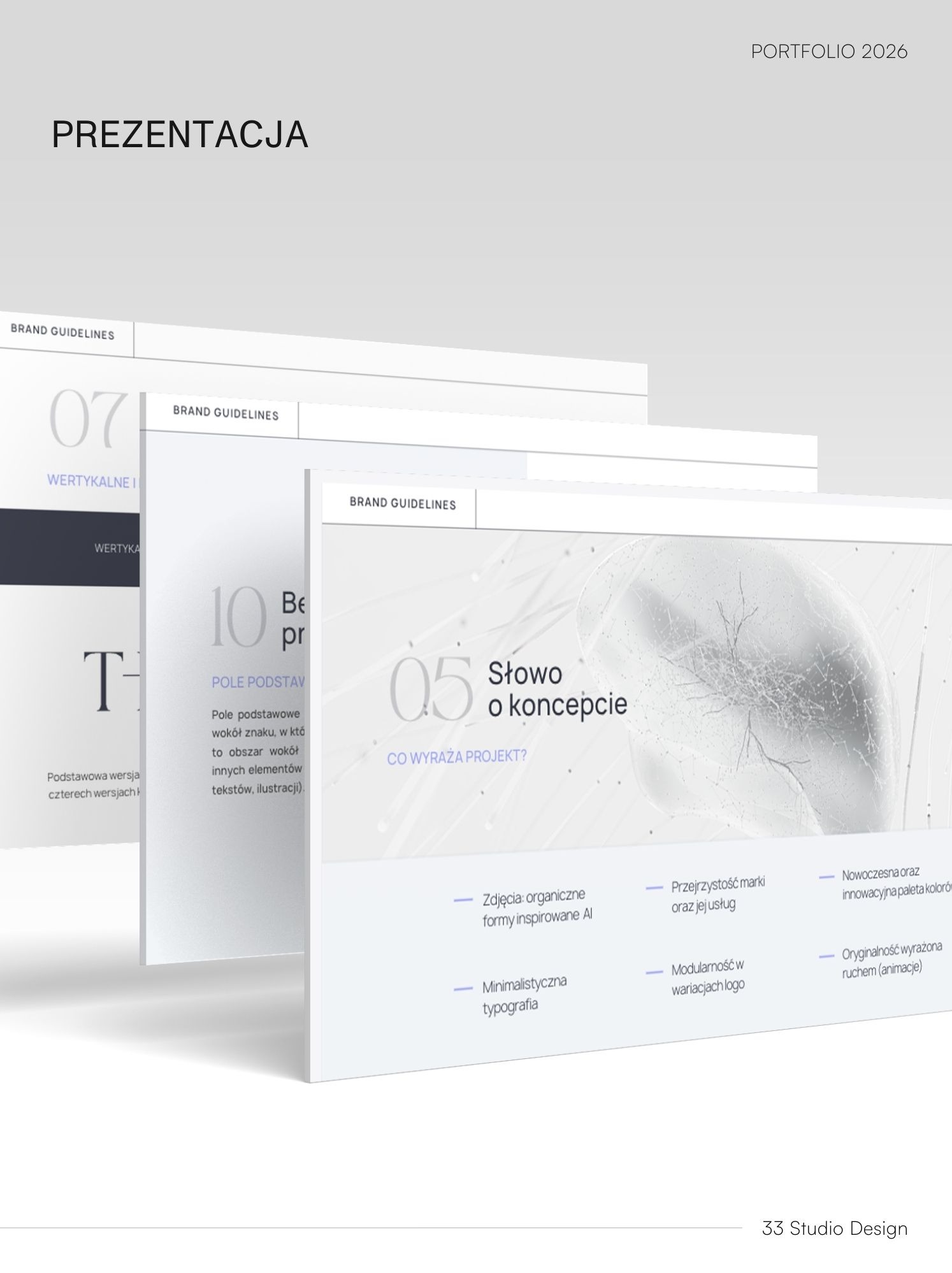 Prezentacja portfolio z wytycznymi marki, ukazująca minimalistyczną typografię, organiczne formy inspirowane AI i nowoczesną paletę kolorów. Widoczne elementy identyfikacji wizualnej.