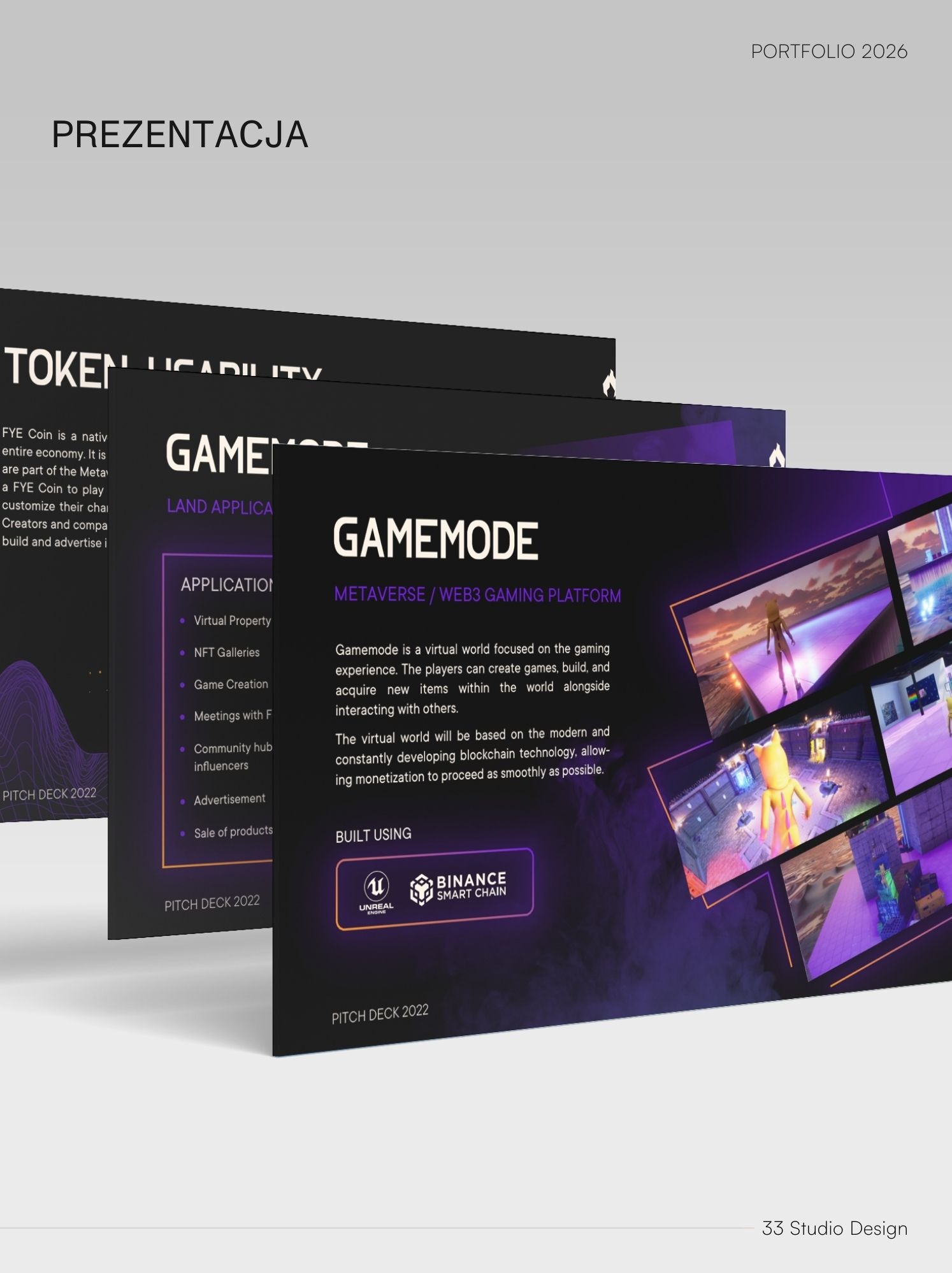 Prezentacja projektu Gamemode: Metaverse/Web3 gaming platform. Slajdy pitch decku z wizualizacjami, logo Unreal Engine i Binance Smart Chain. Portfolio 2026.