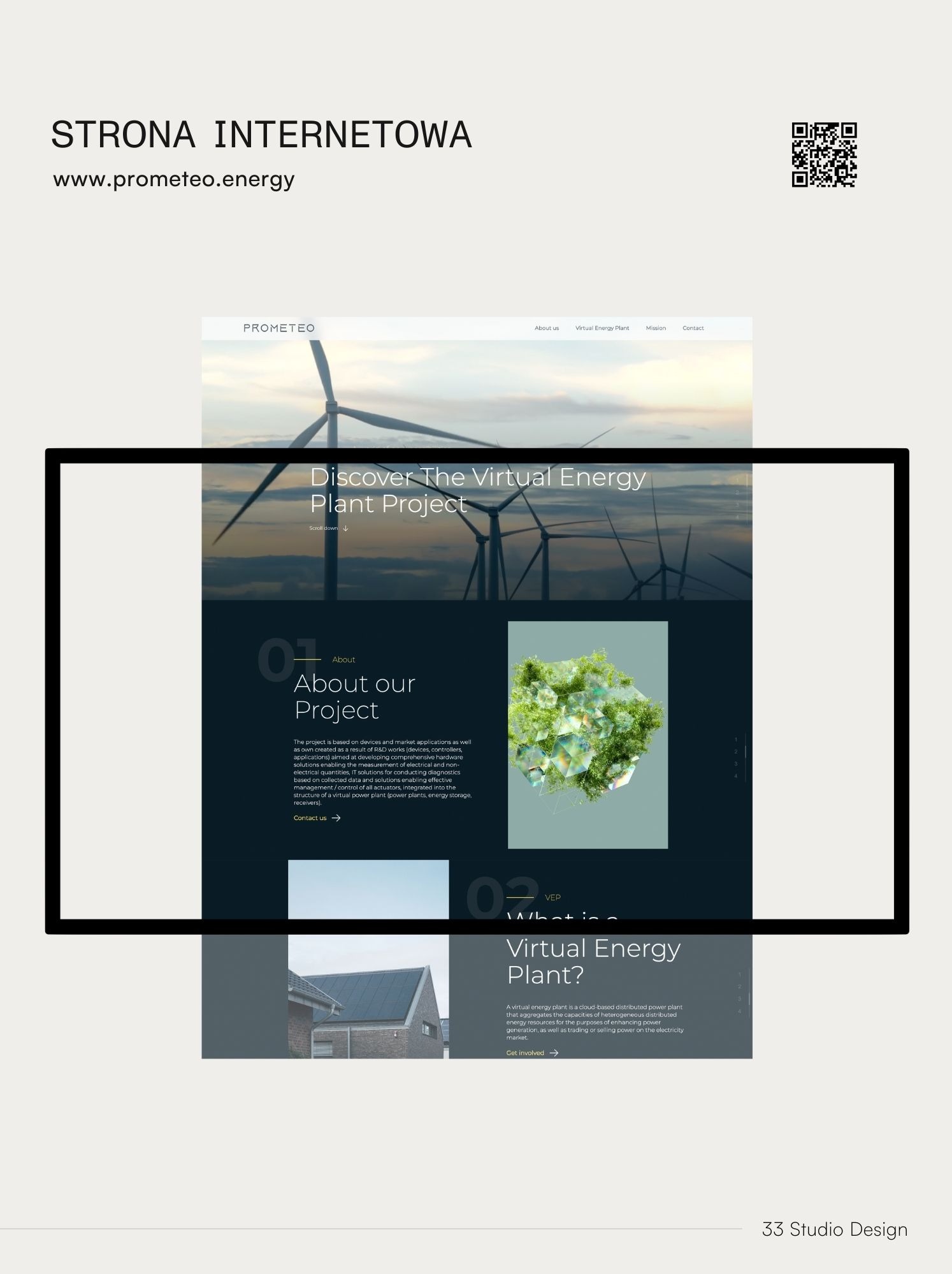 Prezentacja strony internetowej o energii odnawialnej w Warszawie. Widoczne turbiny wiatrowe i panele słoneczne. Nowoczesny design i czytelny układ treści.