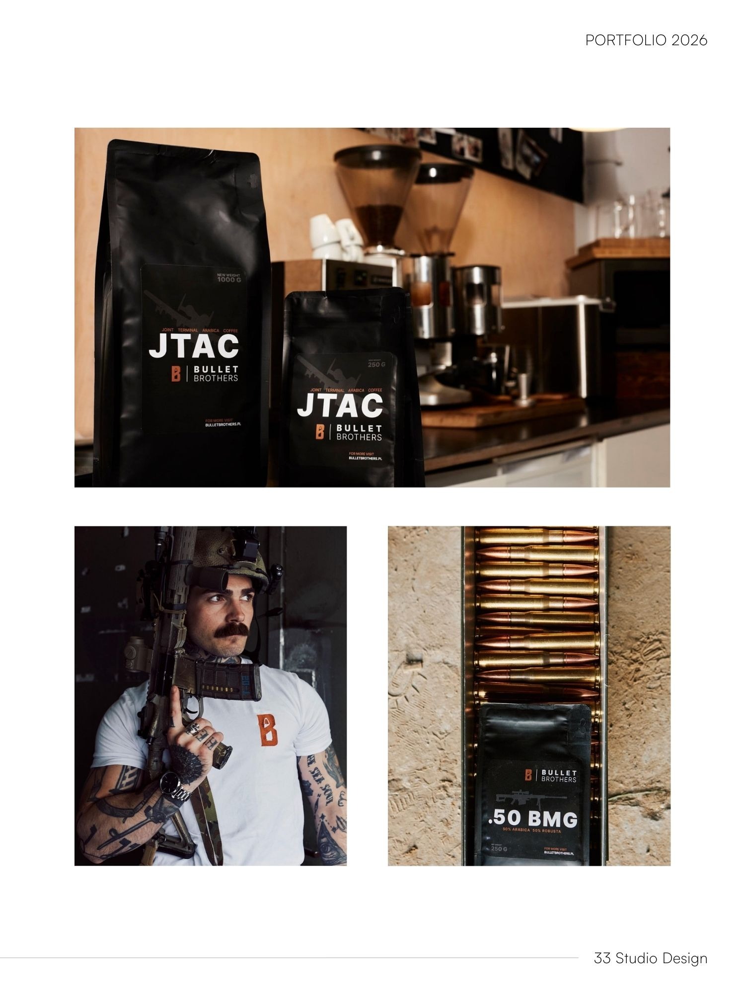 Portfolio 2026: Kolaż z czarnych opakowań kawy Bullet Brothers, ekspresu do kawy, mężczyzny z bronią i amunicji. Nietypowe połączenie kawy i militariów.