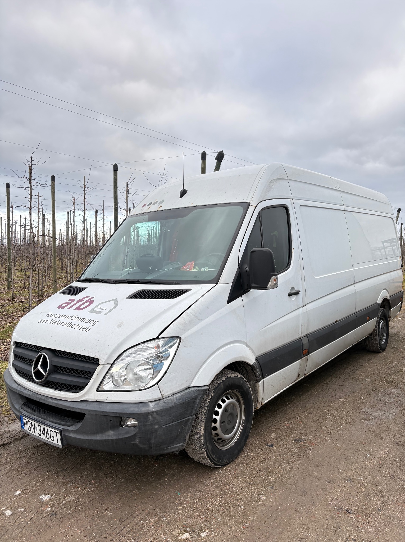 Biały, lekko zabrudzony bus marki Mercedes z logo firmy AFB na tle sadu w pochmurny dzień. Widoczne tablice rejestracyjne PGN 346GT.