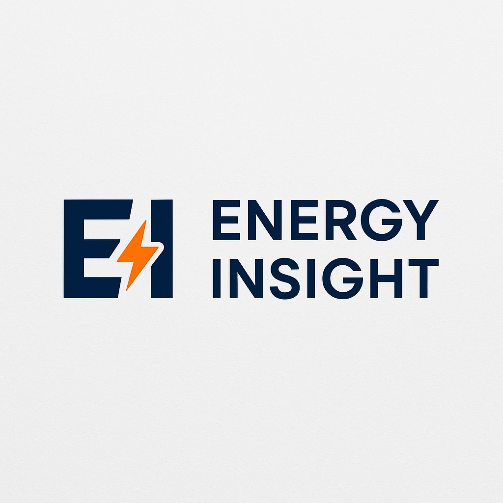 Logo Energy Insight: granatowa litera E z pomarańczowym symbolem błyskawicy, obok napis Energy Insight granatową czcionką na jasnym tle.