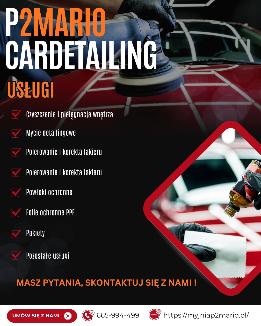 Polerowanie lakieru czerwonego auta z użyciem polerki elektrycznej. W tle butelka z preparatem i ściereczka. Reklama usług auto detailingu.