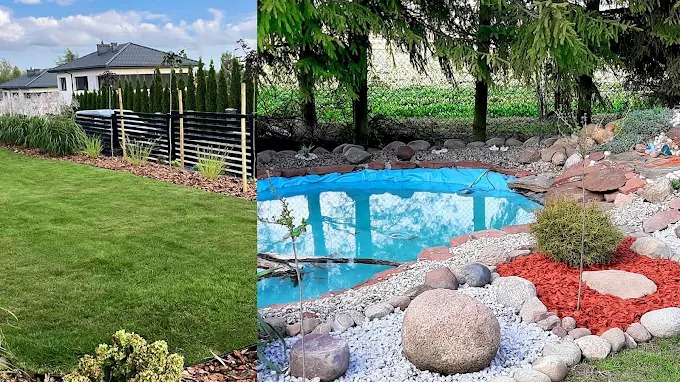 Dwa ujęcia ogrodu: zadbany trawnik z nowoczesnym ogrodzeniem i oczko wodne z kamieniami, kora i roślinnością. Widoczne elementy architektury krajobrazu.