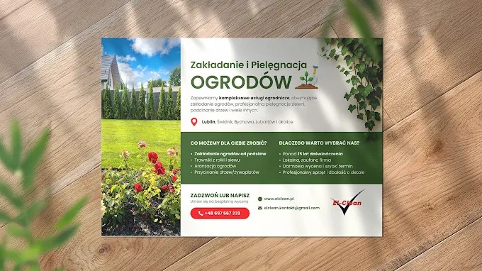 Ogłoszenie firmy ogrodniczej: zakładanie ogrodów, trawniki z rolki, aranżacja, przycinanie drzew. Oferta obejmuje Lublin, Świdnik, Bychawę i Lubartów. Ponad 15 lat doświadczenia.