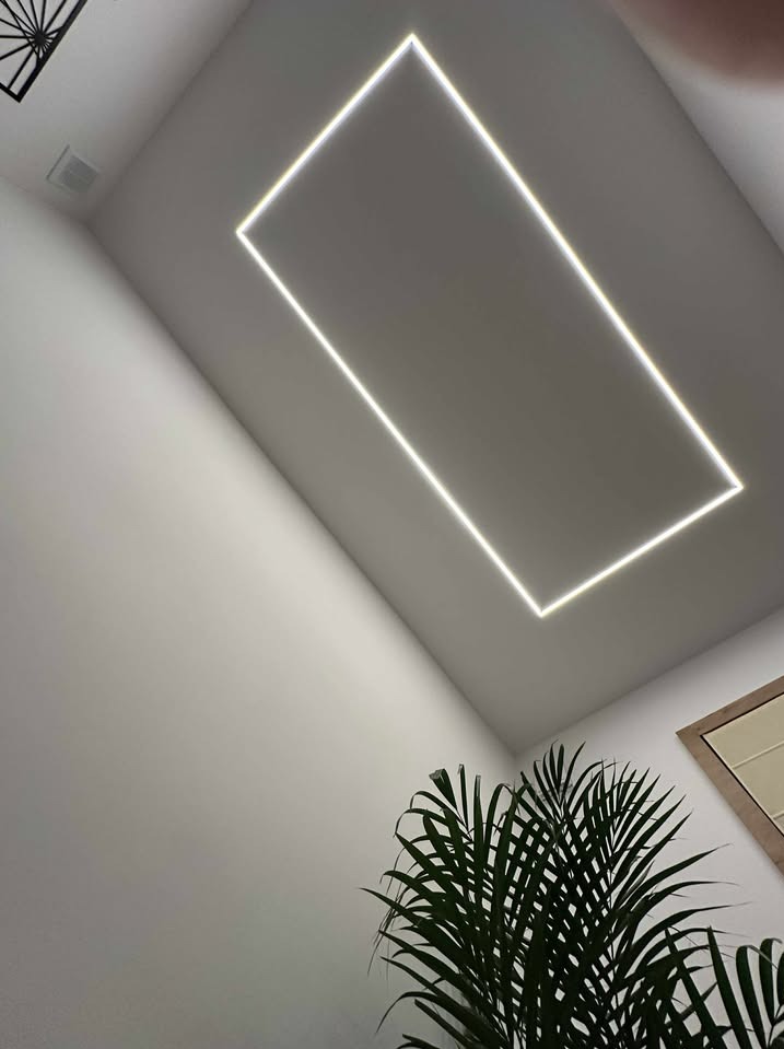 Minimalistyczne wnętrze z podświetleniem LED w kształcie prostokąta na suficie, uzupełnione zieloną rośliną doniczkową w rogu pokoju. Nowoczesny design.