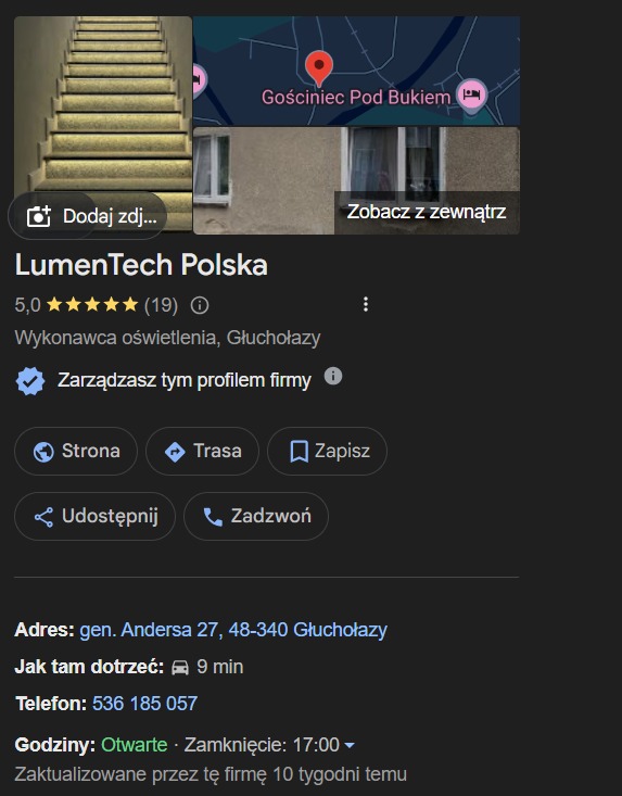 Zdjęcie z Google Maps prezentujące wizytówkę firmy LumenTech Polska, wykonawcy oświetlenia w Głuchołazach, z widocznymi schodami z podświetleniem LED.