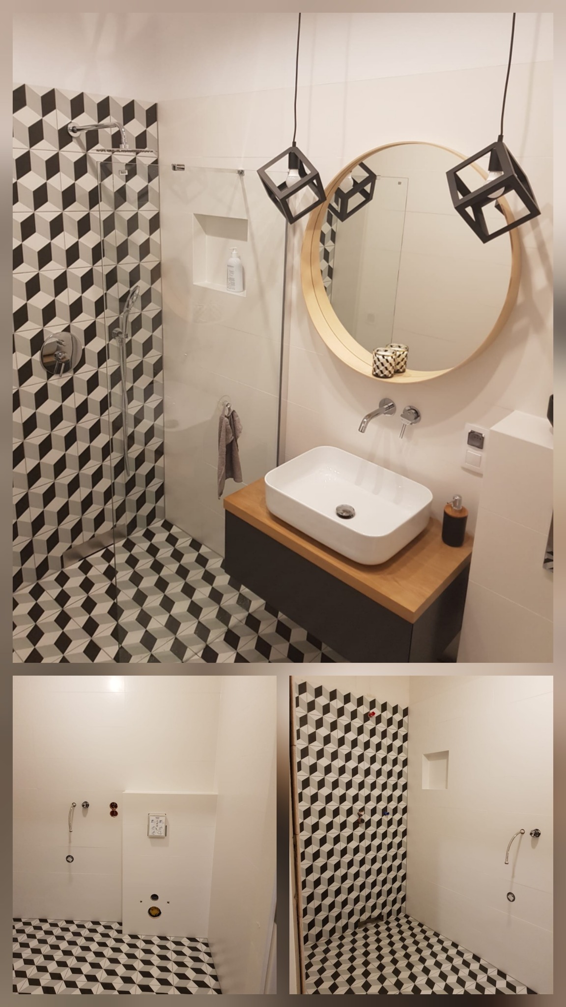 Nowoczesna łazienka po remoncie: geometryczne płytki 3D, okrągłe lustro z drewnianą ramą, minimalistyczna umywalka i czarne lampy kostki. Widok na kabinę prysznicową.