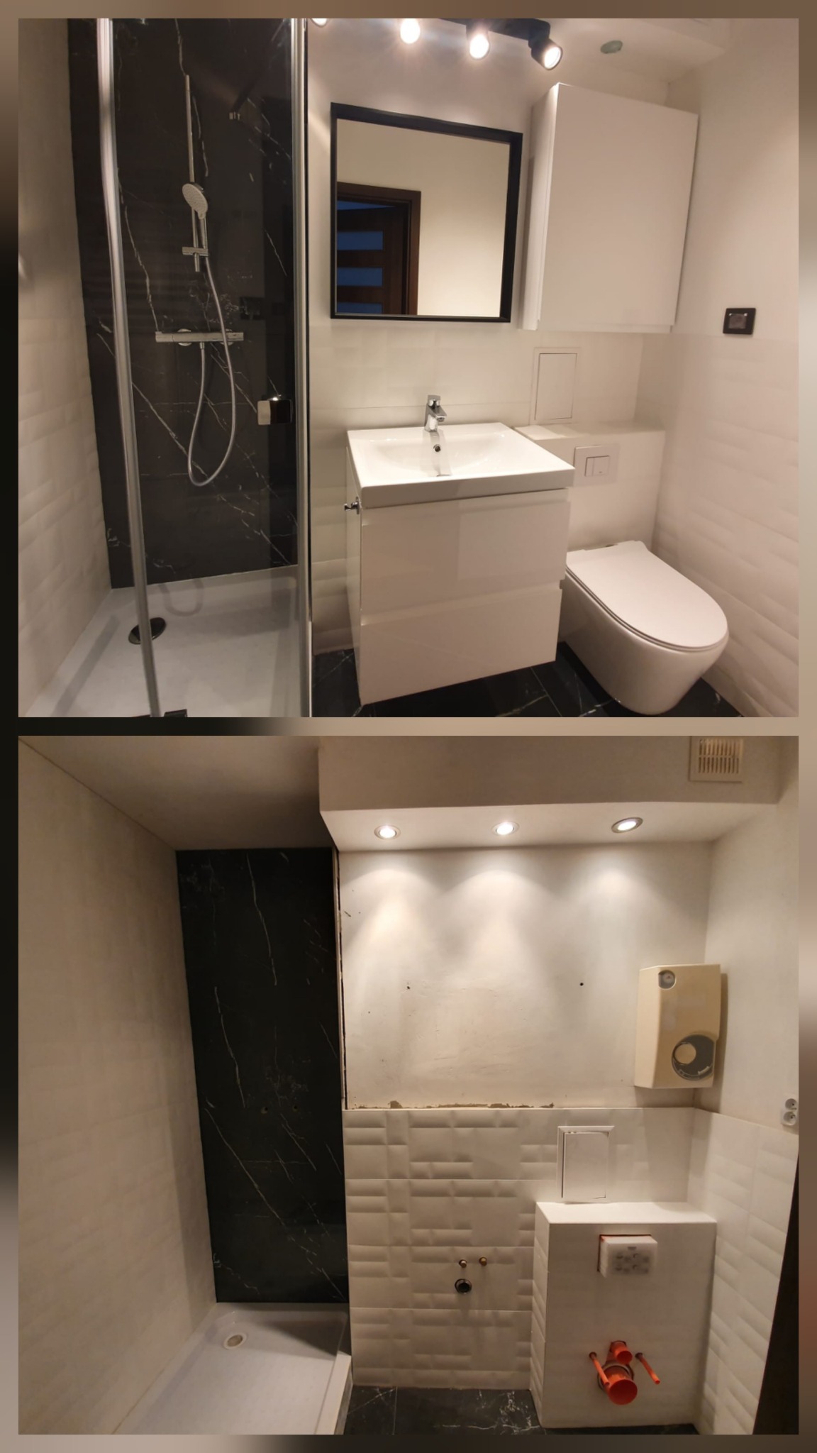 Dwa ujęcia tej samej łazienki: po remoncie z kabiną prysznicową i umywalką oraz w trakcie prac wykończeniowych z widoczną instalacją. Biało-czarna kolorystyka.