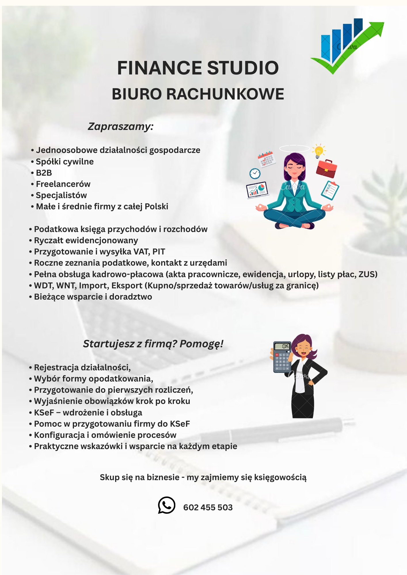 Finance Studio Biuro Rachunkowe: oferta dla firm, freelancerów, obsługa kadrowo-płacowa, wsparcie w rejestracji i rozliczeniach. Kontakt telefoniczny.