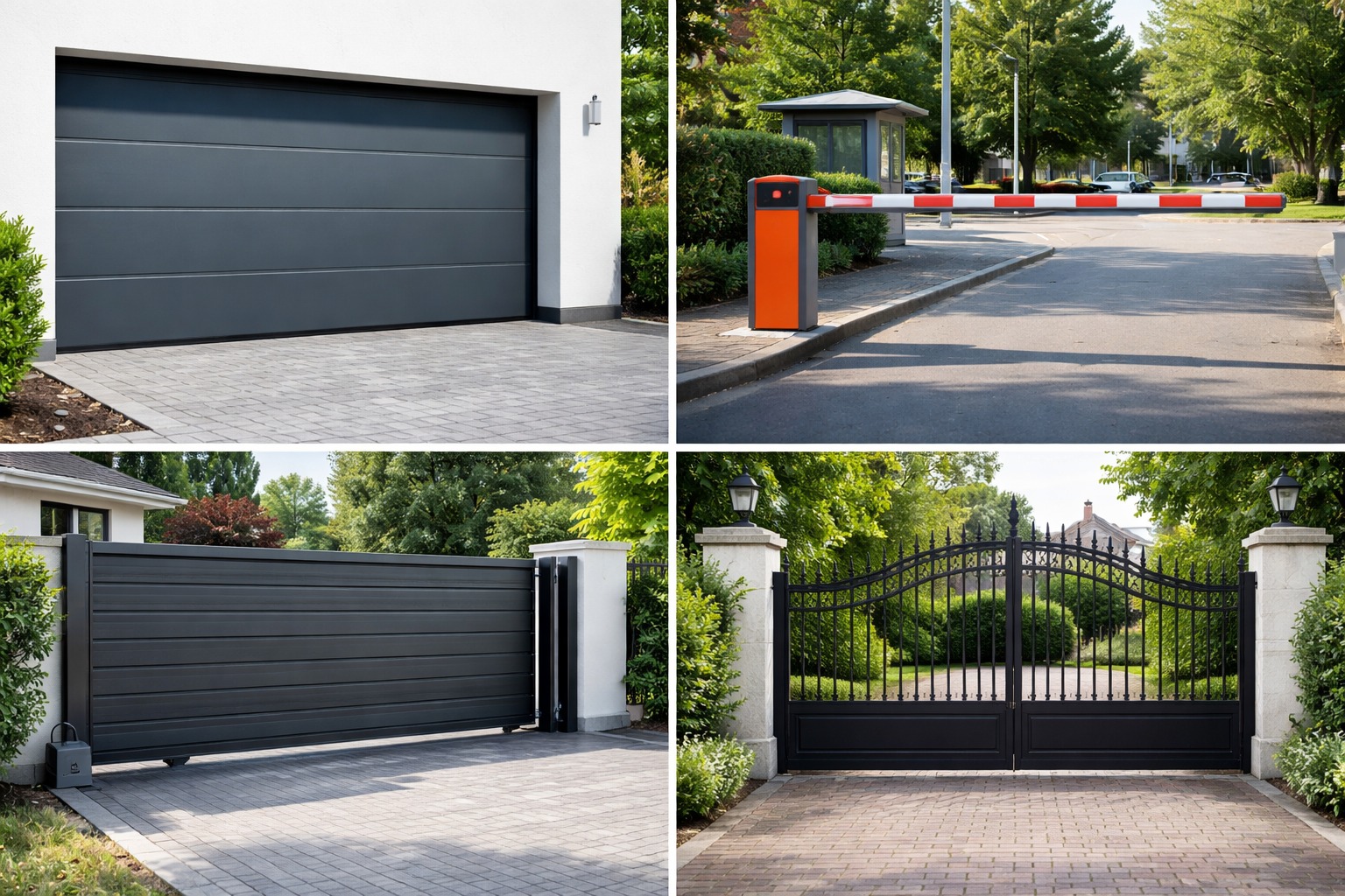 Kompozycja czterech ujęć: brama garażowa segmentowa, szlaban automatyczny, brama przesuwna z poziomych paneli, klasyczna brama dwuskrzydłowa z kutymi elementami.