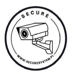 Secure Mateusz Leśniewicz - Czarno-biała grafika: kamera monitoringu w okręgu z napisem 'SECURE' i adresem strony www.securesystem.pl. Symbol bezpieczeństwa i nowoczesnych systemów.