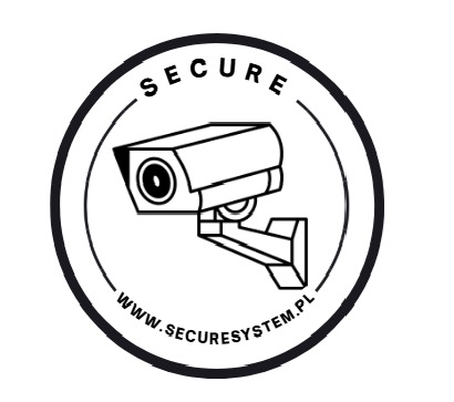 Czarno-biała grafika: kamera monitoringu w okręgu z napisem 'SECURE' i adresem strony www.securesystem.pl. Symbol bezpieczeństwa i nowoczesnych systemów.