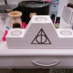 Biały, drewniany świecznik z symbolem Deathly Hallows, z trzema zapalonymi świeczkami, ustawiony na białej komodzie. Widoczne akcesoria i kosmetyki w tle.