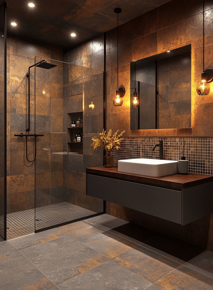 Nowoczesna łazienka z kabiną typu walk-in, umywalką nablatową i lustrem podświetlonym wiszącymi lampami. Płytki w odcieniach brązu i szarości tworzą elegancki wystrój.