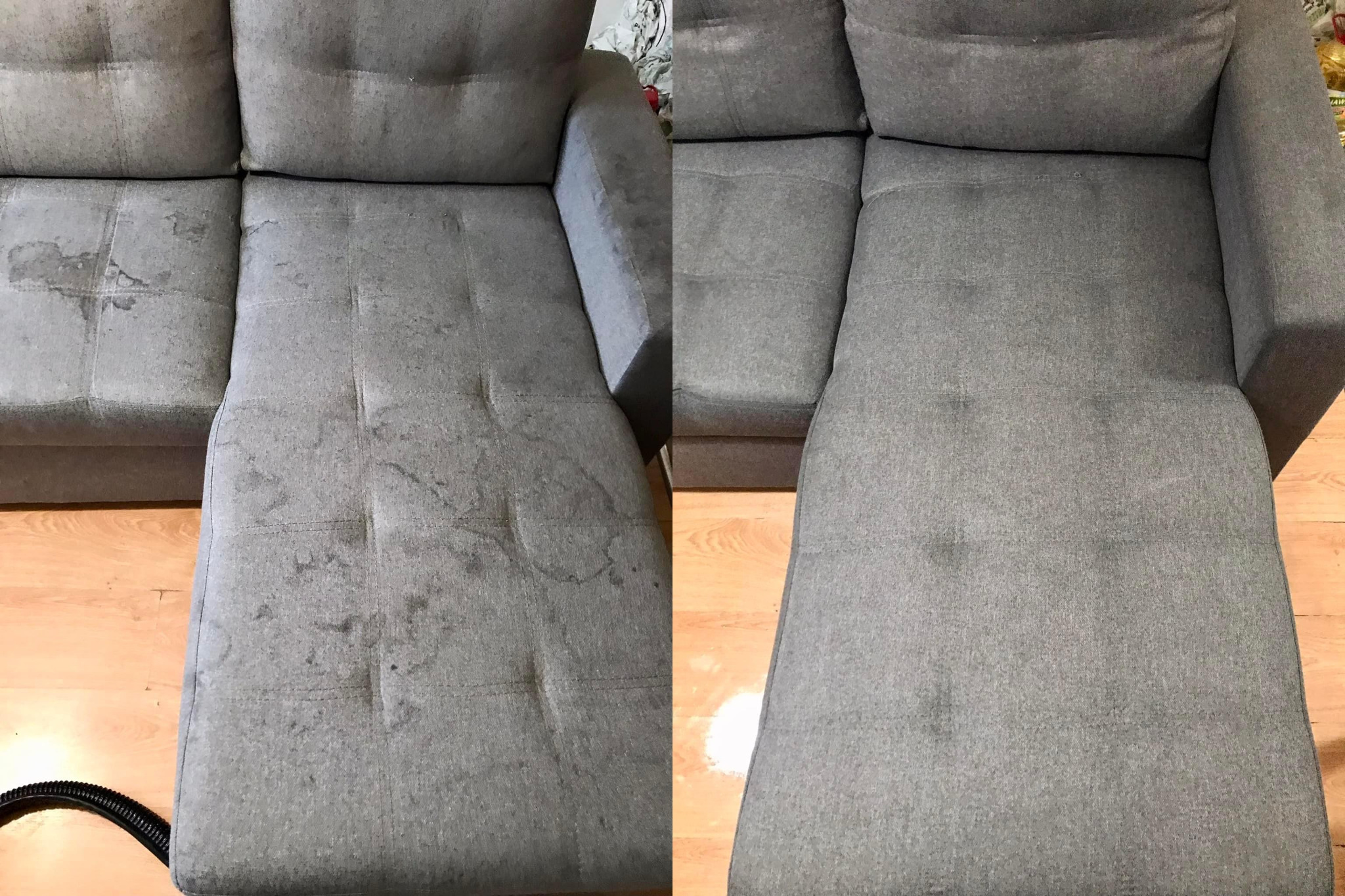 Szara kanapa przed i po praniu tapicerki. Po lewej widoczne plamy, po prawej czysta powierzchnia. Fragment węża odkurzacza widoczny w lewym dolnym rogu.