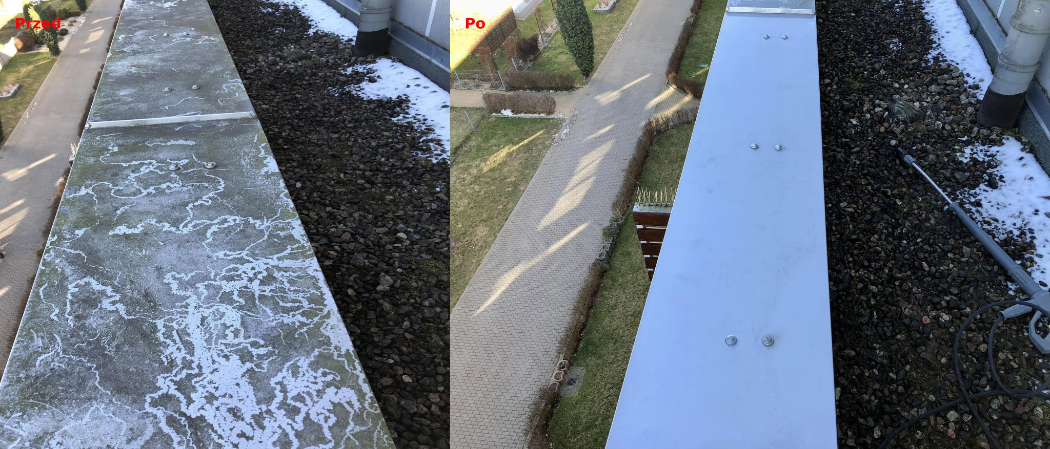 Porównanie stanu przed i po czyszczeniu elewacji budynku. Widoczne zabrudzenia i mech przed, oraz czysta powierzchnia po zabiegu. W tle kostka brukowa i zieleń.