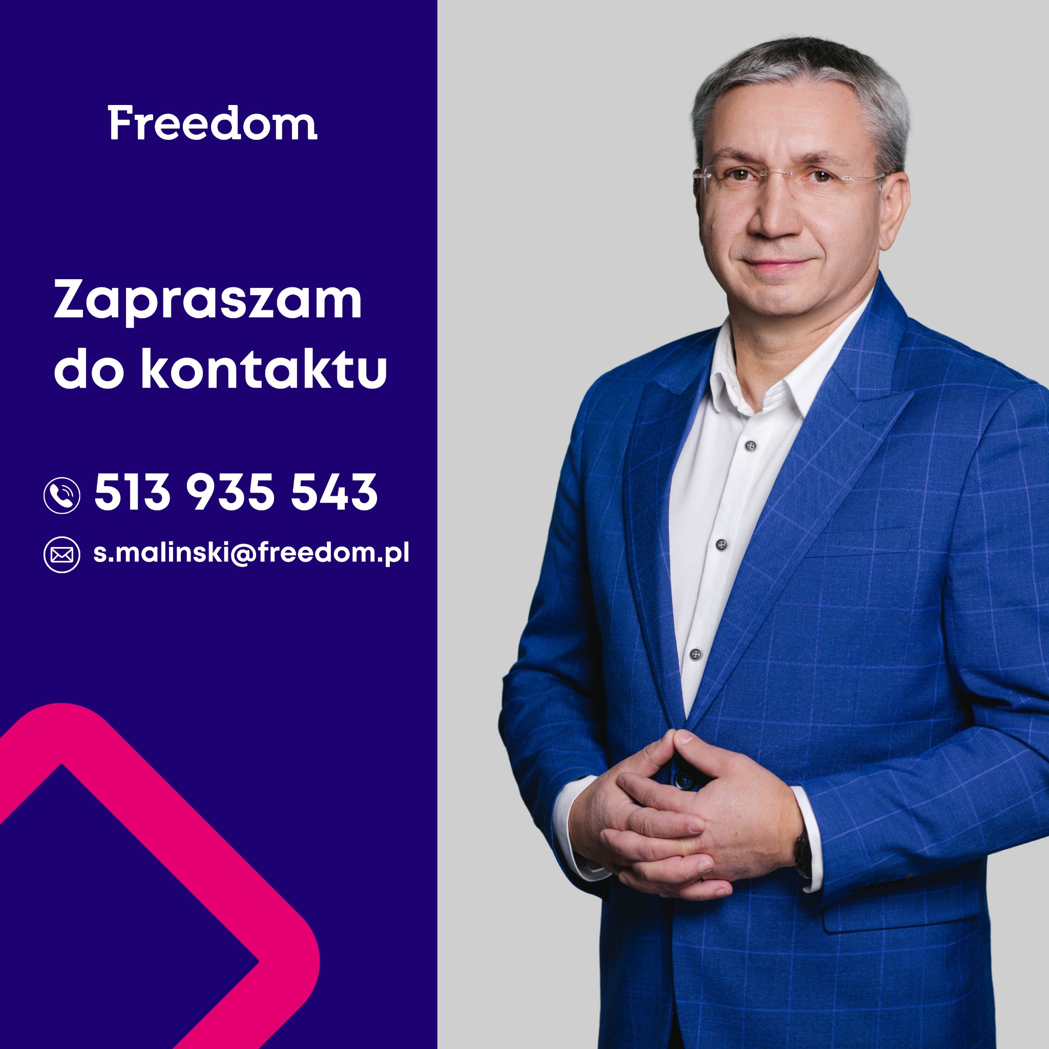 Portret mężczyzny w niebieskiej marynarce na szarym tle, z tekstem 'Zapraszam do kontaktu' i danymi kontaktowymi po lewej stronie. Logo firmy w lewym górnym rogu.