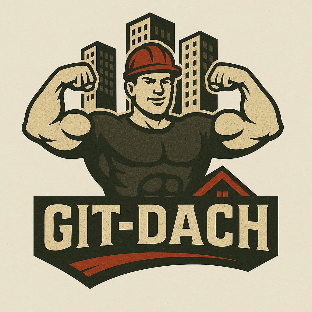 Ilustracja logo firmy dekarskiej: muskularny dekarz w kasku na tle budynków, nad napisem 'GIT-DACH' z symbolem dachu. Styl retro, stonowana kolorystyka.