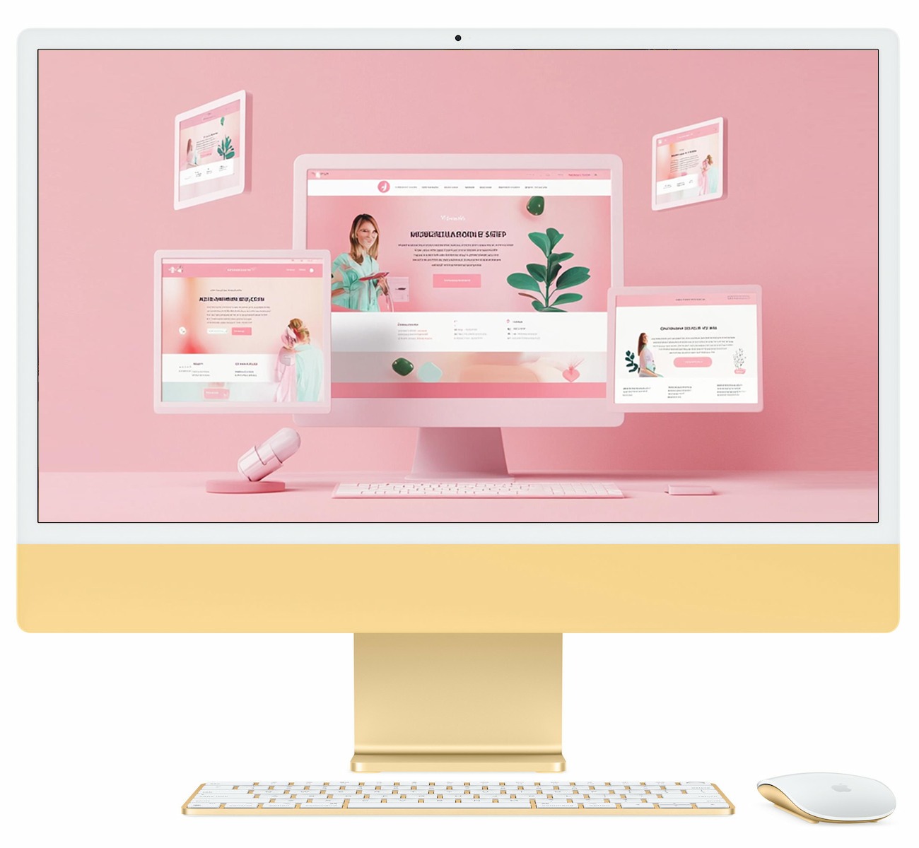 Złoty iMac prezentuje responsywny design strony WWW na różnych urządzeniach (desktop, tablet). Pastelowa kolorystyka, minimalistyczny styl, kobiecy motyw.
