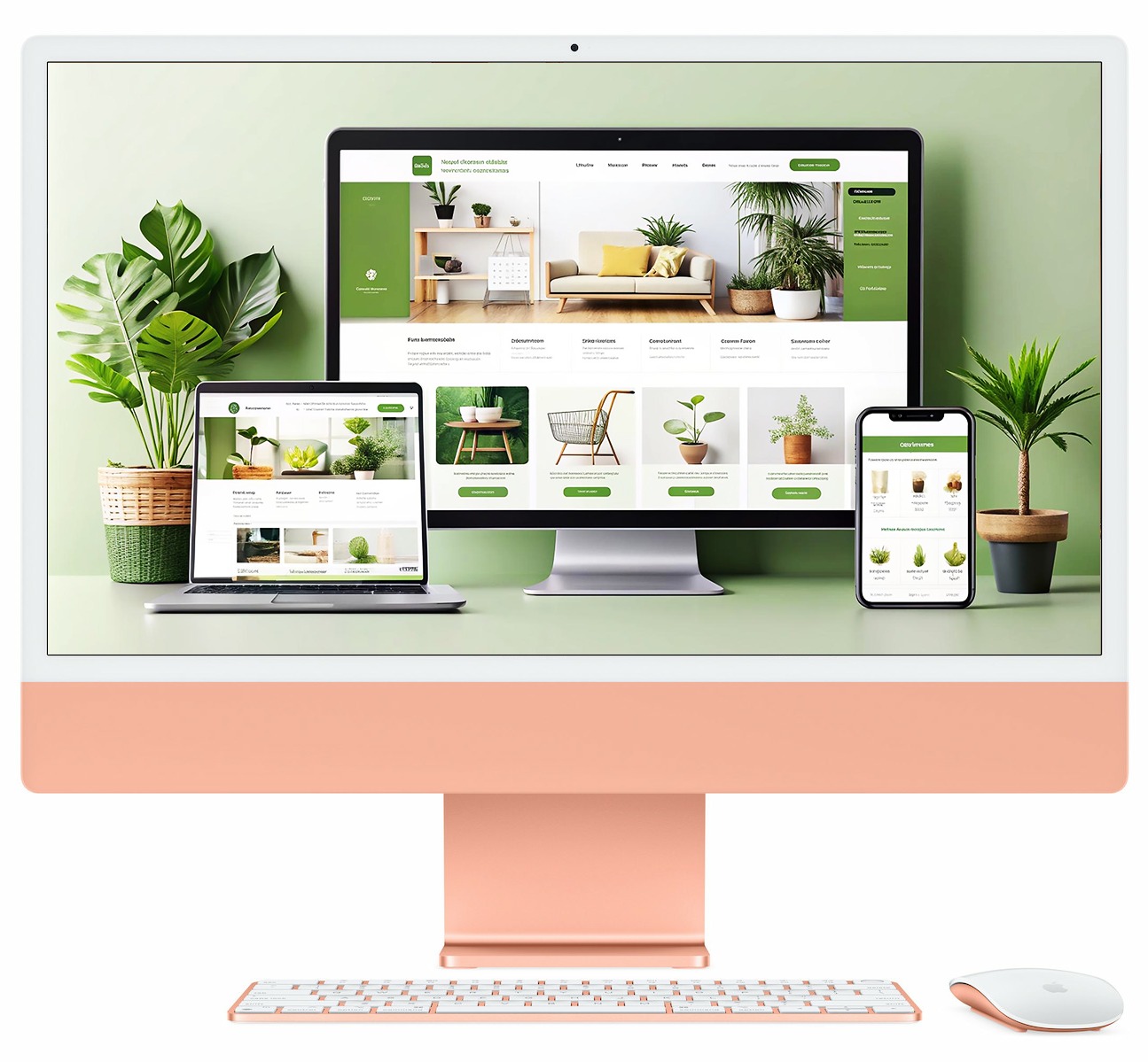 Responsywna strona WWW z motywem roślinnym na iMacu, laptopie i smartfonie. Zielone tło, rośliny doniczkowe. Prezentacja projektu strony na różnych urządzeniach.