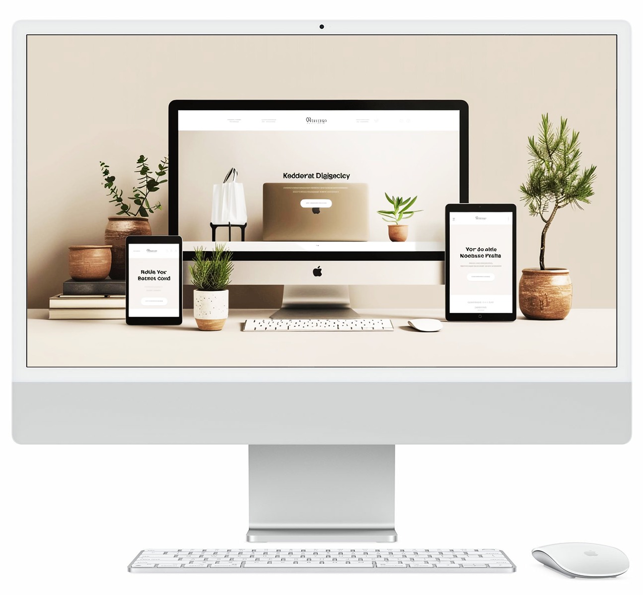 Minimalistyczne biurko z iMaciem, tabletem i smartfonem prezentującymi responsywny design strony internetowej. Stonowana kolorystyka, rośliny doniczkowe.