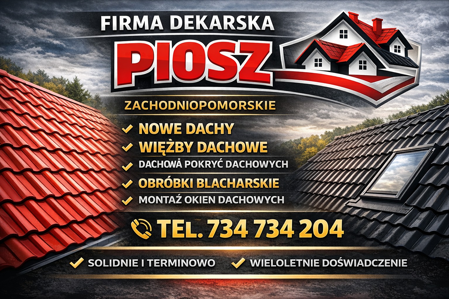 Baner reklamowy firmy dekarskiej z Zachodniopomorskiego. Oferta obejmuje nowe dachy, więźby, pokrycia, obróbki blacharskie i montaż okien dachowych. Kontakt telefoniczny.