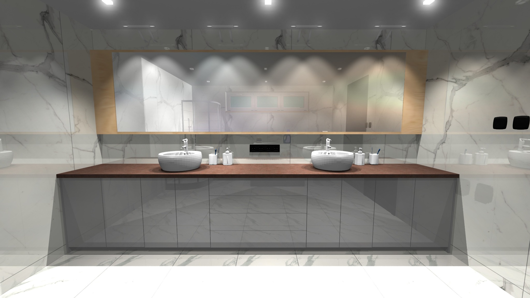 Nowoczesna łazienka z dwoma okrągłymi umywalkami na brązowym blacie i szafkami z szarymi frontami. Marmurowe ściany i duże lustro z drewnianą ramą.