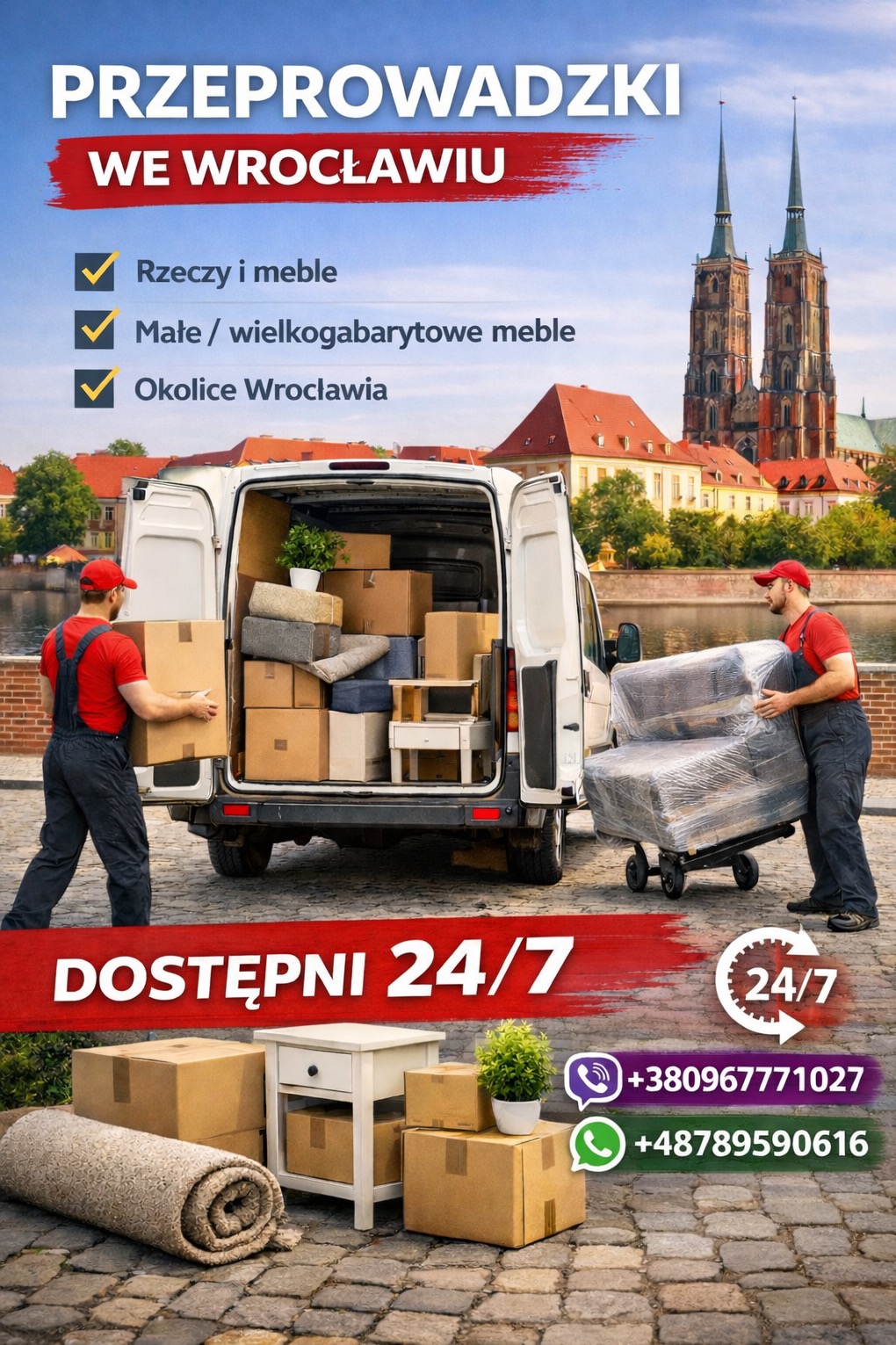 Przeprowadzki we Wrocławiu: Dwóch pracowników w czerwonych koszulkach ładuje meble i kartony do białego busa na tle Ostrowa Tumskiego. Dostępność 24/7, kontakt telefoniczny.