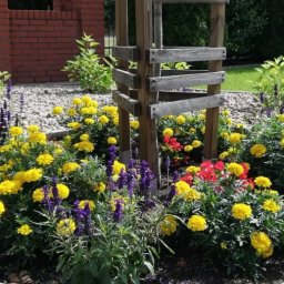 Jan Jaślanek - Kwitnący rabat z żółtymi i fioletowymi kwiatami, obrzeże z kostki betonowej, drewniana konstrukcja wspierająca młode drzewko, ceglany murek w tle. Słoneczny dzień.