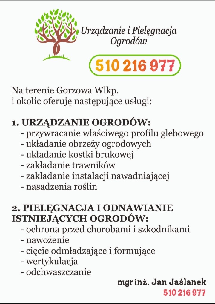 Oferta usług ogrodniczych: urządzanie i pielęgnacja ogrodów, w tym zakładanie trawników, instalacji nawadniających, nasadzenia roślin, ochrona przed chorobami i szkodnikami.