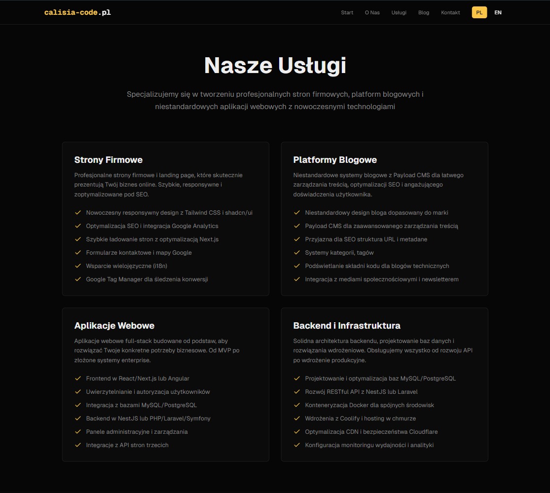 Strona internetowa calisia-code.pl prezentująca ofertę usług: strony firmowe, platformy blogowe, aplikacje webowe, backend i infrastruktura. Nowoczesny design, optymalizacja SEO.
