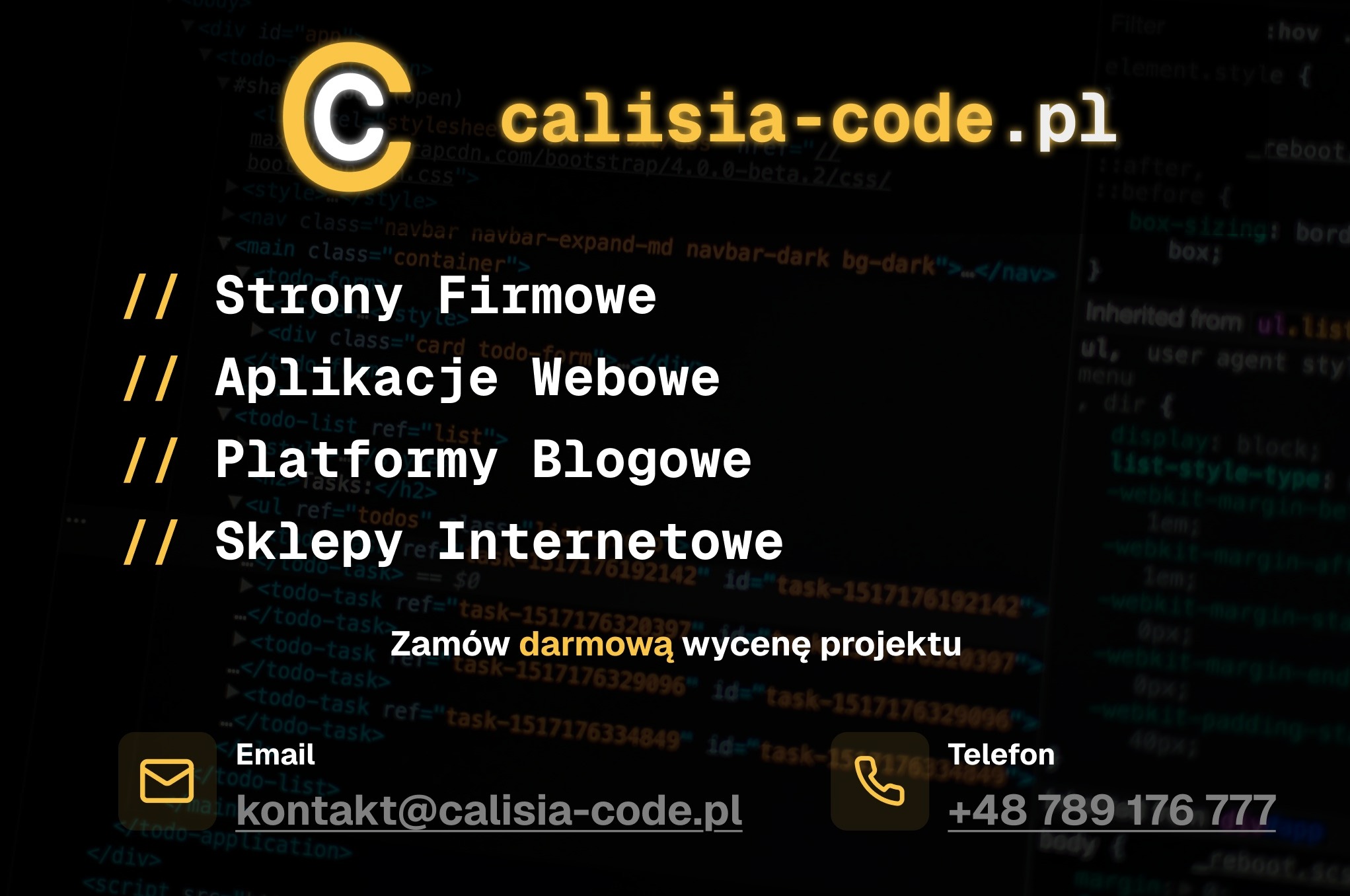 Calisia-code.pl: Strony firmowe, aplikacje webowe, platformy blogowe, sklepy internetowe. Zamów darmową wycenę projektu. Kontakt: kontakt@calisia-code.pl, +48 789 176 777.