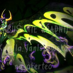 Kamila Janiszewska - Ilustracja cyfrowa przedstawiająca fantastyczną postać z rogami i skrzydłami w odcieniach zieleni, żółci i fioletu na ciemnym tle. Widoczne napisy w języku polskim.