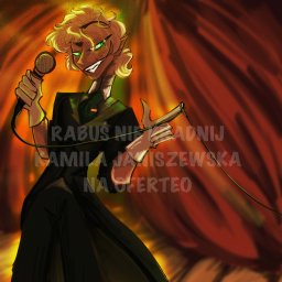 Kamila Janiszewska - Ilustracja cyfrowa przedstawiająca uśmiechniętą postać z mikrofonem na tle płomieni, w stylu fantasy, z widocznym znakiem wodnym.