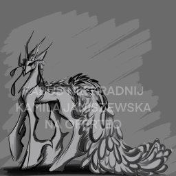 Kamila Janiszewska - Czarno-biały szkic cyfrowy fantastycznego stworzenia z piórami i rogami, z tekstem 'KAMIJA JANISZEWSKA NA OFERTEO' w tle.