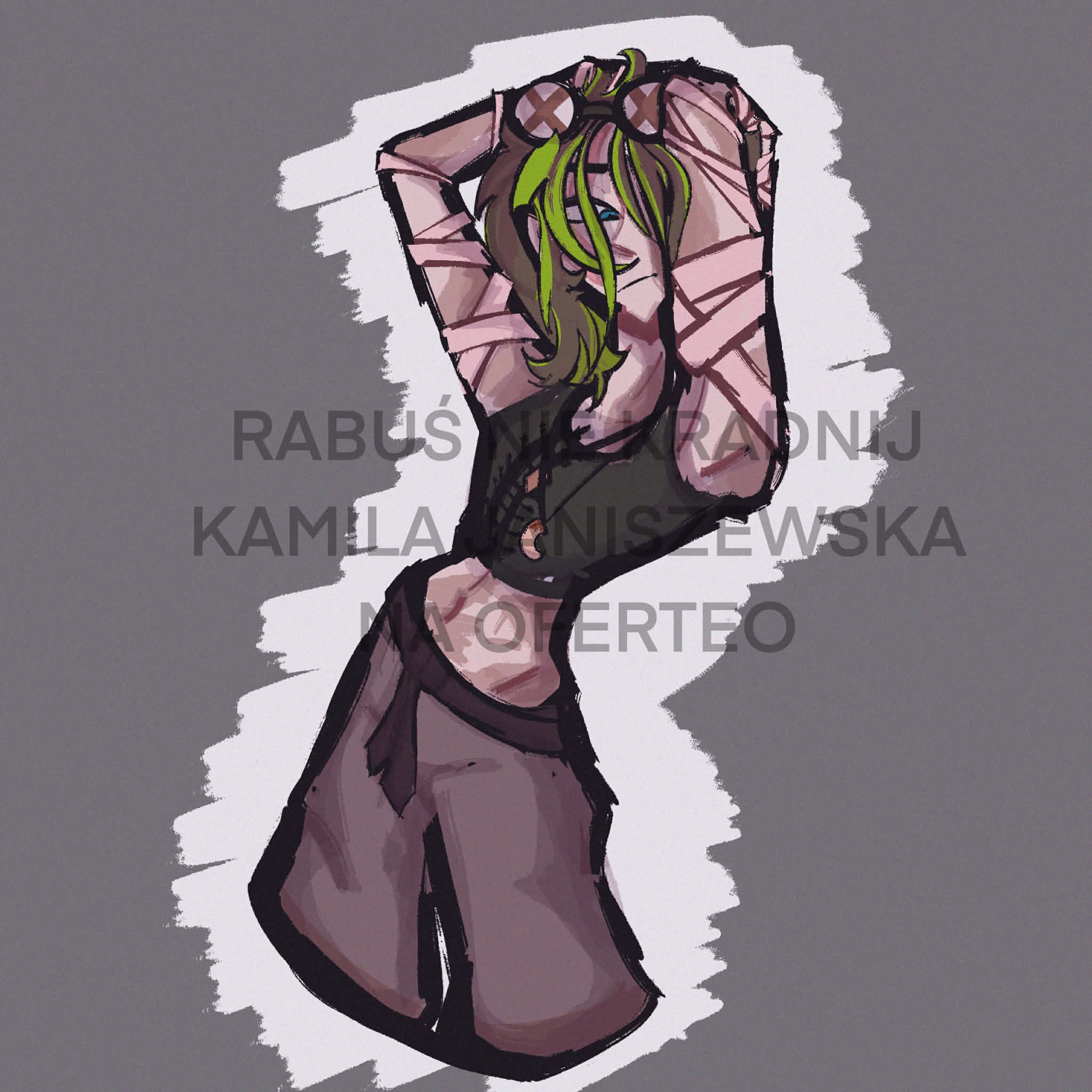 Ilustracja postaci w stylu mangi z zielonymi włosami i bandażami, wykonana przez grafika z Obornik Śląskich. Unikalny styl i kolorystyka.