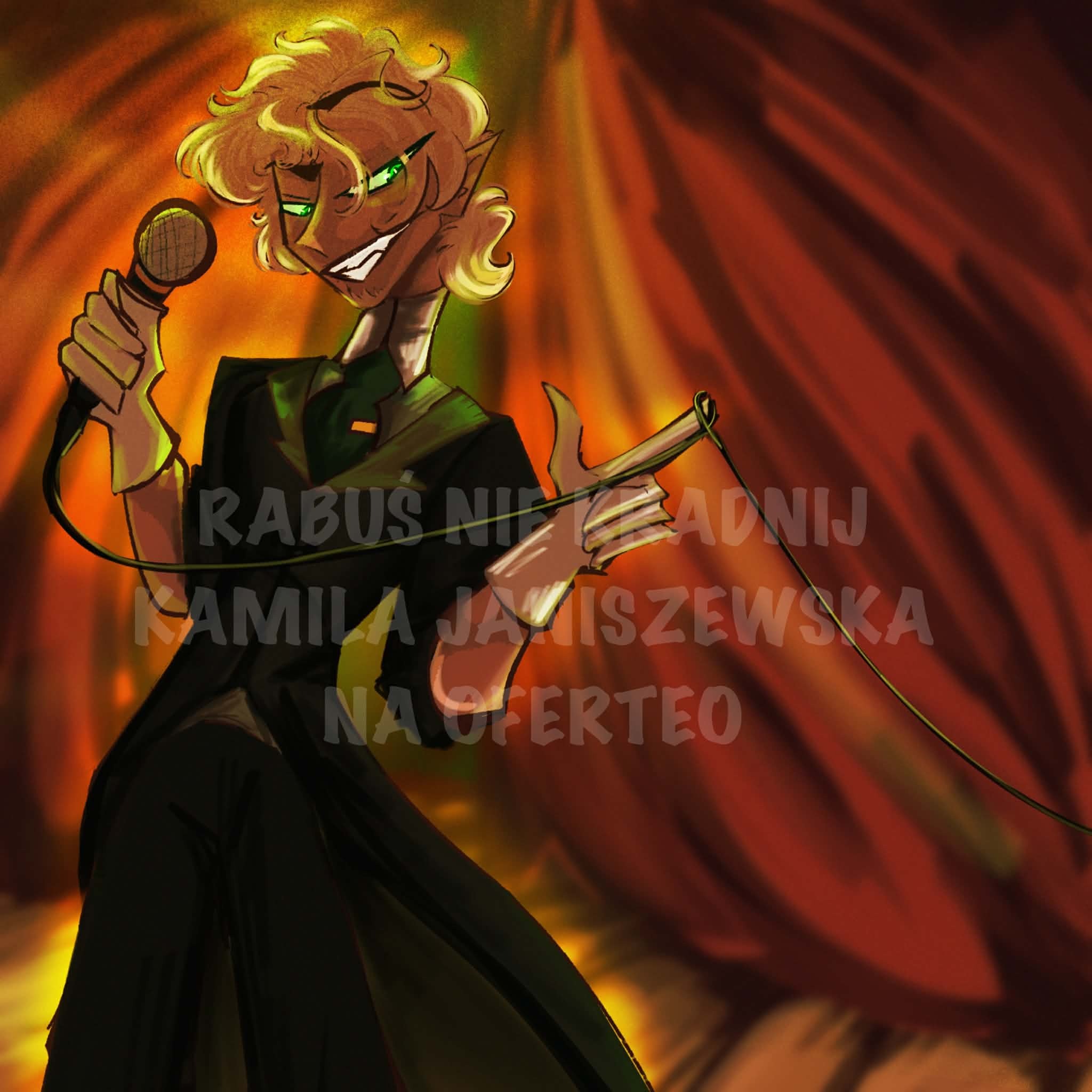 Ilustracja cyfrowa przedstawiająca uśmiechniętą postać z mikrofonem na tle płomieni, w stylu fantasy, z widocznym znakiem wodnym.