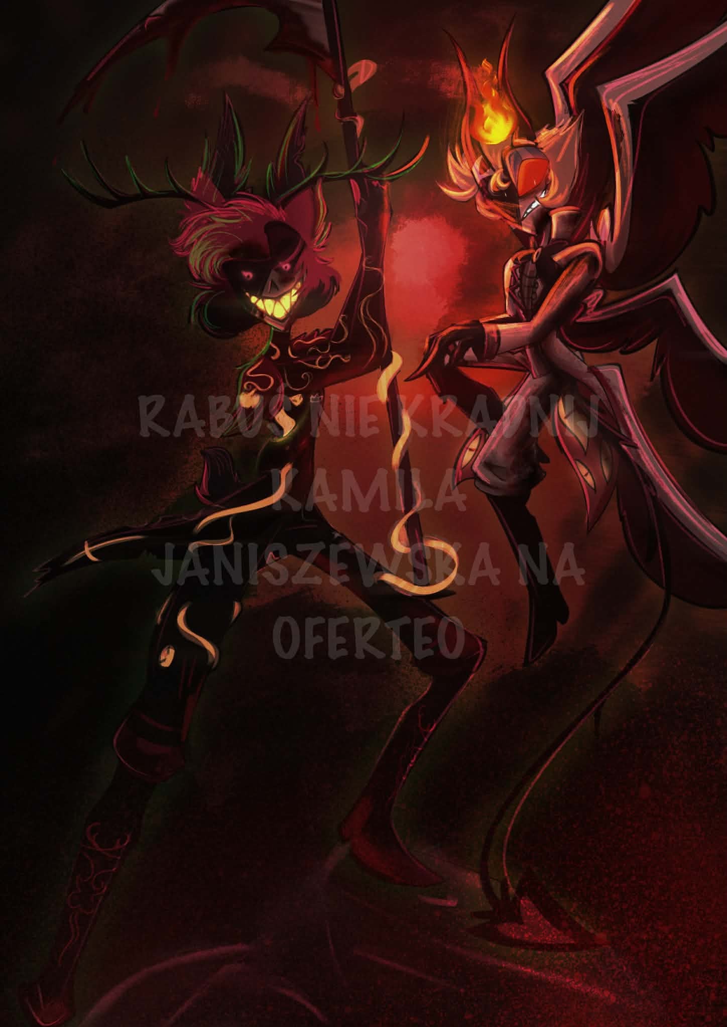 Mroczna ilustracja cyfrowa przedstawiająca dwie postacie demoniczne w odcieniach czerwieni i czerni, z detalami płomieni i rogów, w dynamicznej pozie.