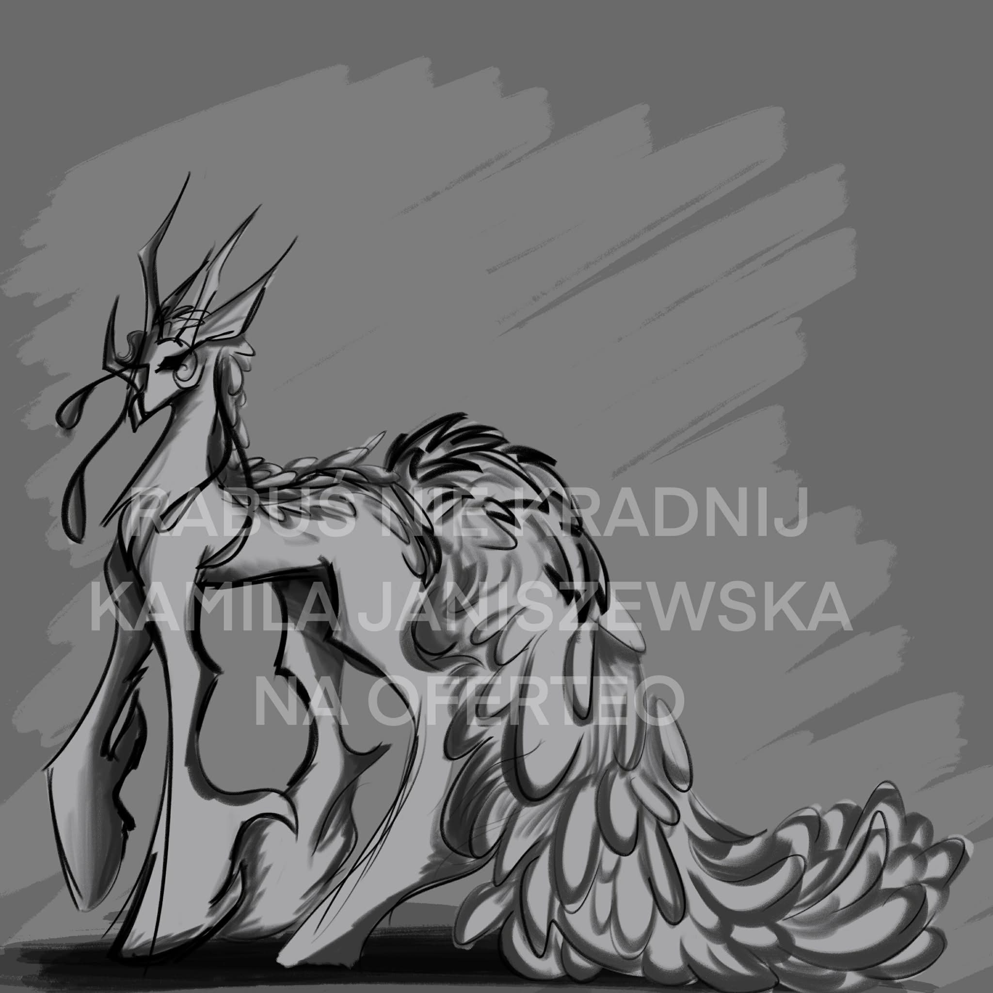 Czarno-biały szkic cyfrowy fantastycznego stworzenia z piórami i rogami, z tekstem 'KAMIJA JANISZEWSKA NA OFERTEO' w tle.