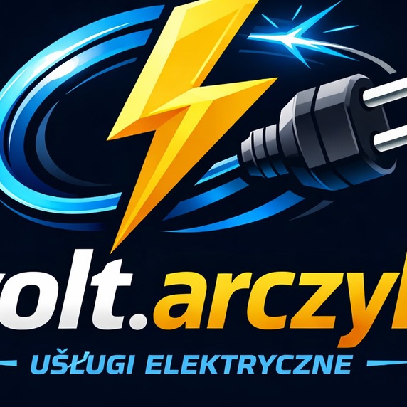 Grafika z symbolem błyskawicy i wtyczki, logo firmy 'volt.arczy' z napisem 'USŁUGI ELEKTRYCZNE' na ciemnym tle z niebieskimi elementami dekoracyjnymi.