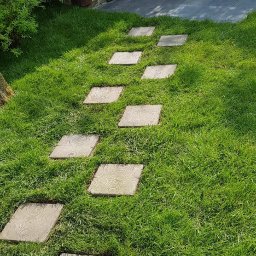 Firma ogrodnicza Magdalena Modła - Ścieżka z kwadratowych płyt drewnianych w trawie, prowadząca do budynku z cegły i drewnianymi drzwiami. Układ nieregularny, trawa świeżo skoszona.