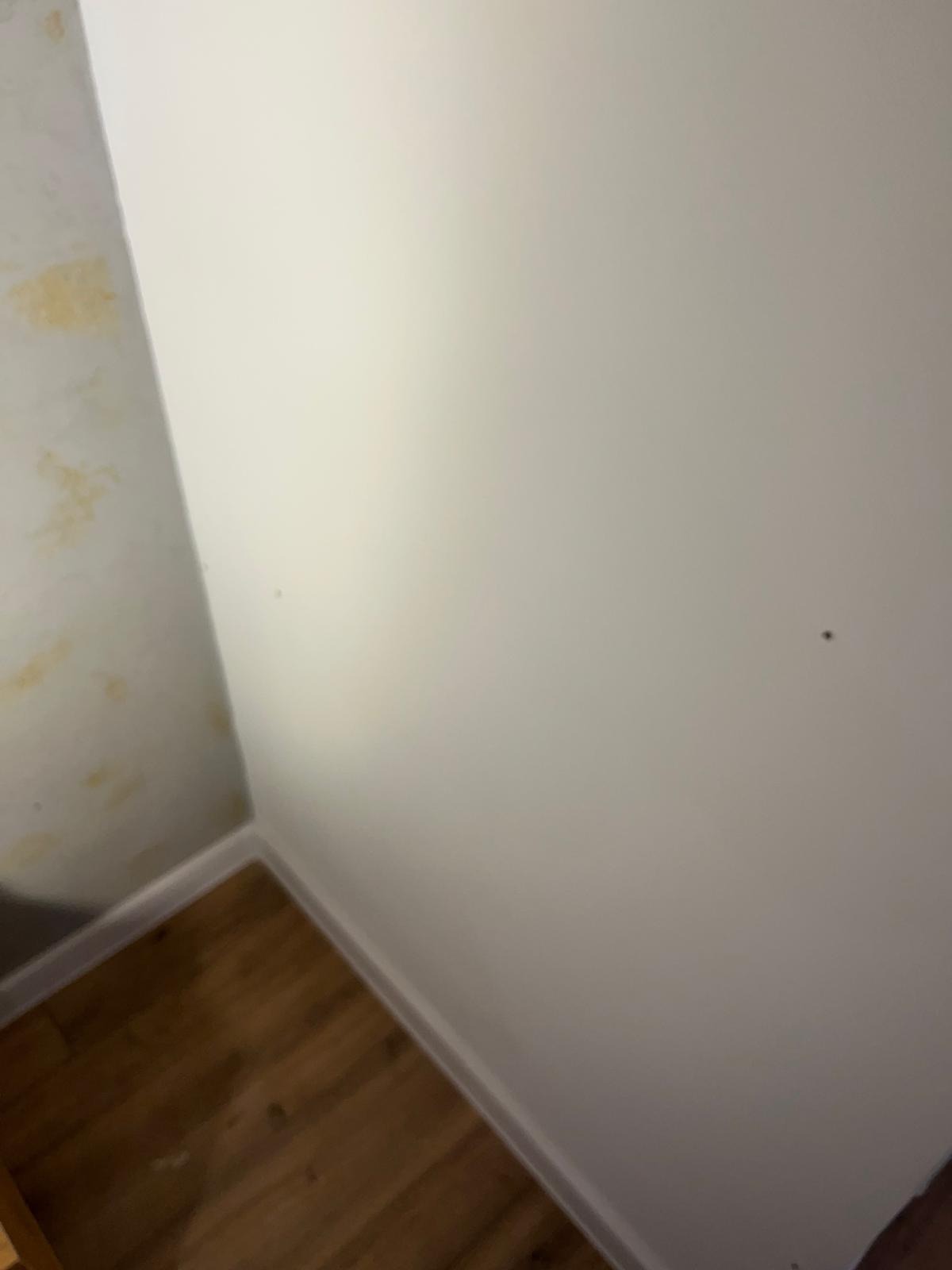 Ściana po malowaniu na biało, widoczny fragment starej ściany z plamami i drewniana podłoga. Ujęcie z dołu, podkreślające gładką powierzchnię.