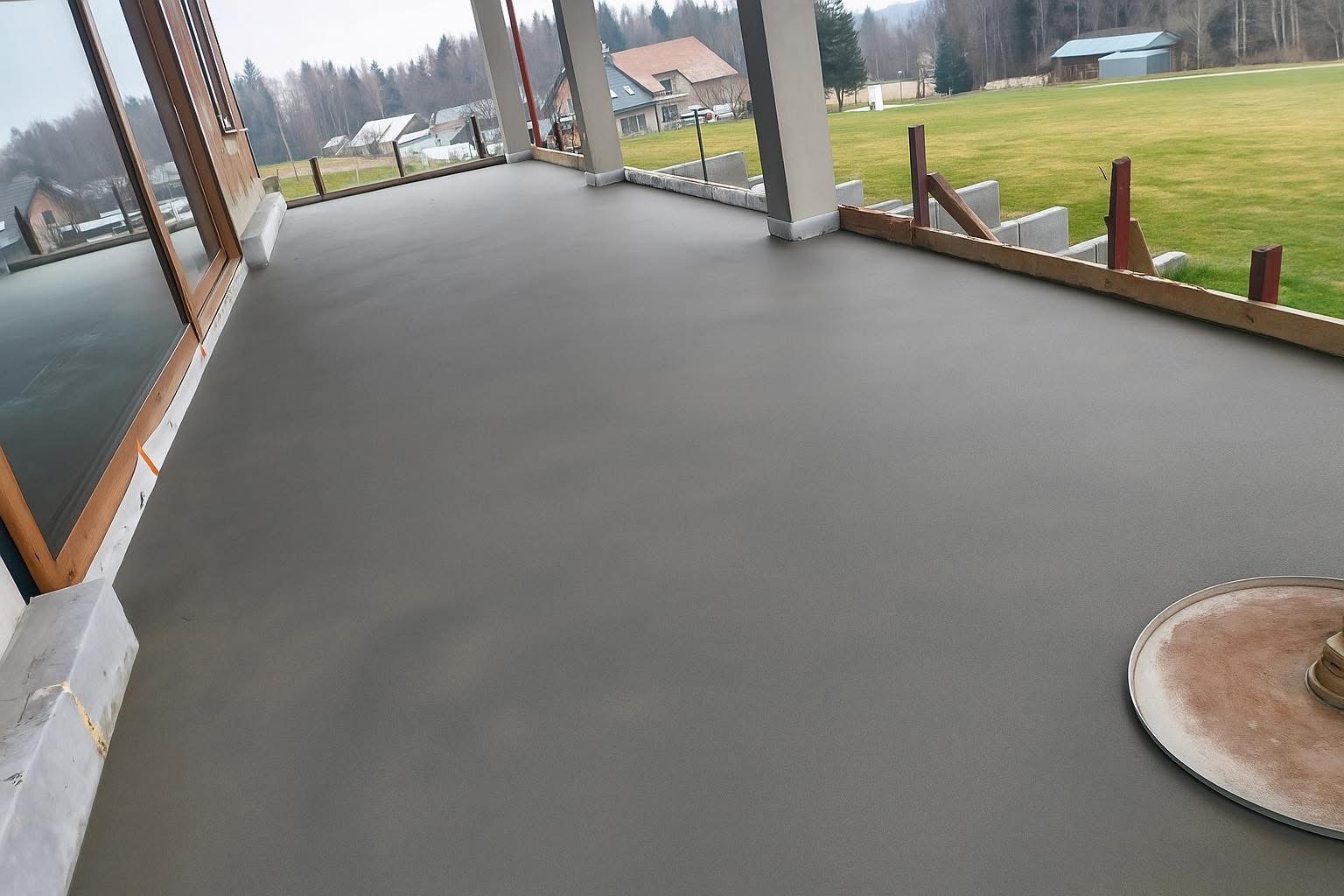Gładka, szara posadzka mikrocementowa na zewnątrz, na tarasie domu jednorodzinnego. Widoczne drewniane szalunki i słupy podtrzymujące zadaszenie.
