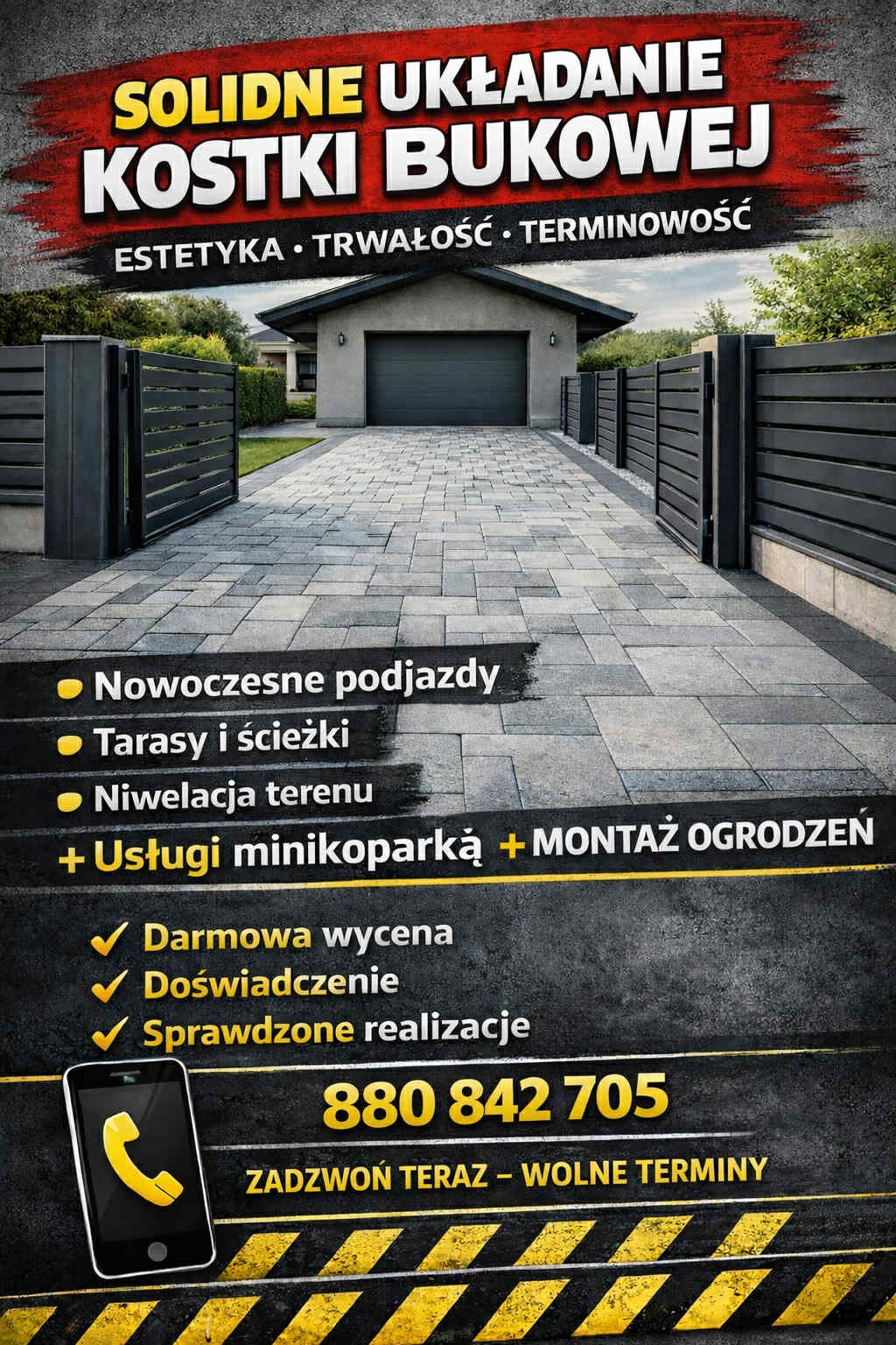 Podjazd z kostki brukowej i nowoczesne ogrodzenie panelowe w kolorze grafitowym. Reklama usług brukarskich i montażu ogrodzeń z numerem telefonu.