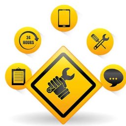Jakub Kycko - Żółty znak ostrzegawczy z ręką trzymającą klucz, otoczony ikonami: telefon, narzędzia, notatnik, 24h i dymek czatu. Grafika wektorowa na białym tle.