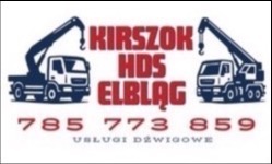 Grafika z dwoma dźwigami HDS po bokach nazwy firmy 'KIRSZOK HDS ELBLĄG' i numerem telefonu. Reklama usług dźwigowych.
