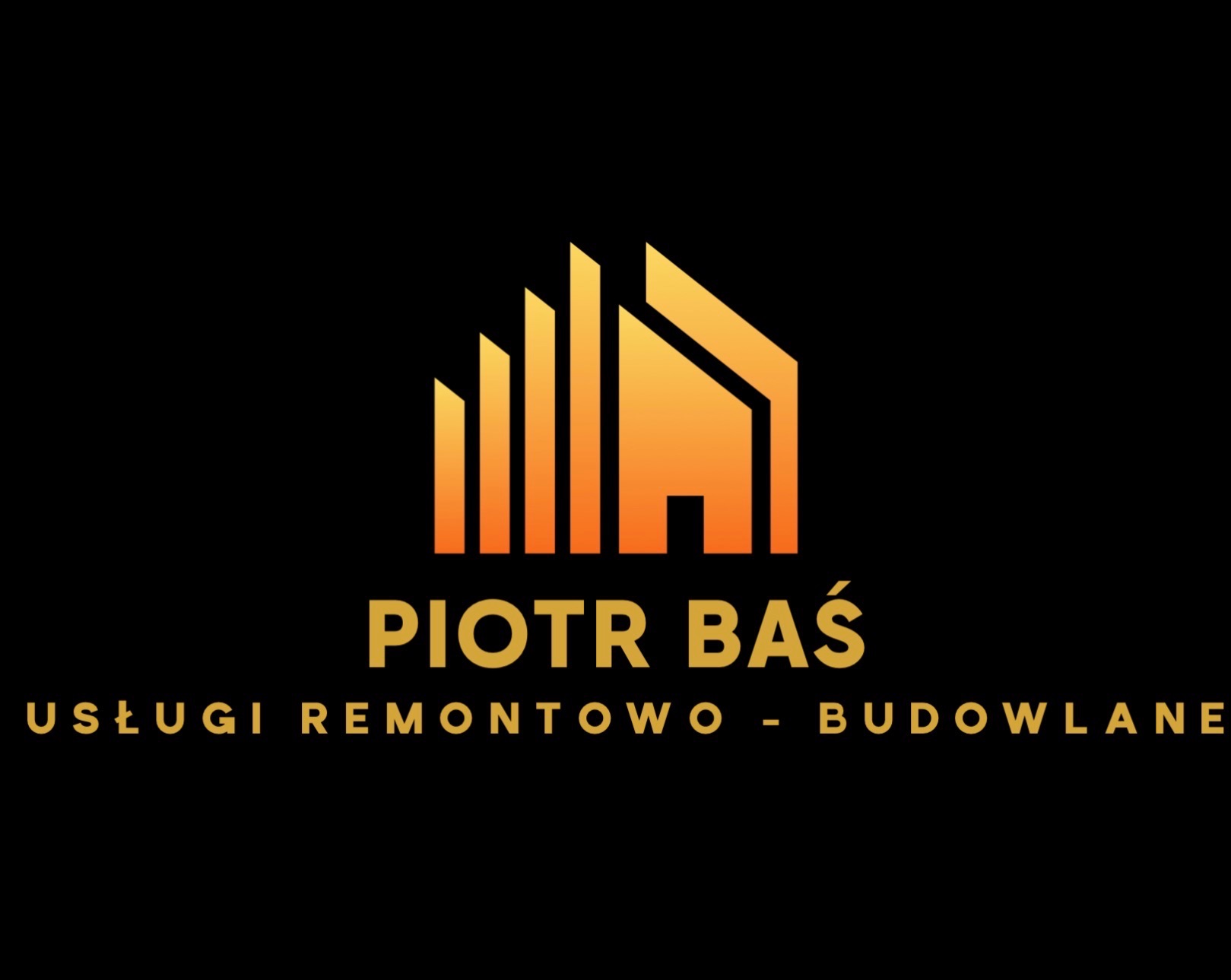 Złote logo firmy remontowo-budowlanej na czarnym tle. Stylizowany dom z pionowymi elementami i nazwą 'Piotr Baś'.