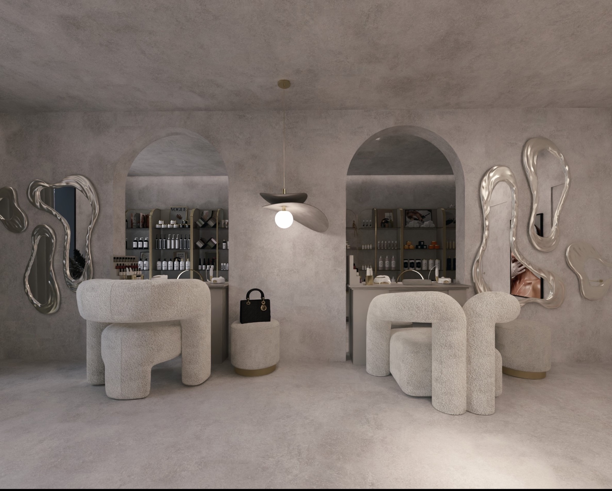 Stylowe wnętrze salonu kosmetycznego w odcieniach szarości. Charakterystyczne fotele z futerka, asymetryczne lustra i oświetlenie nadają unikalny charakter.