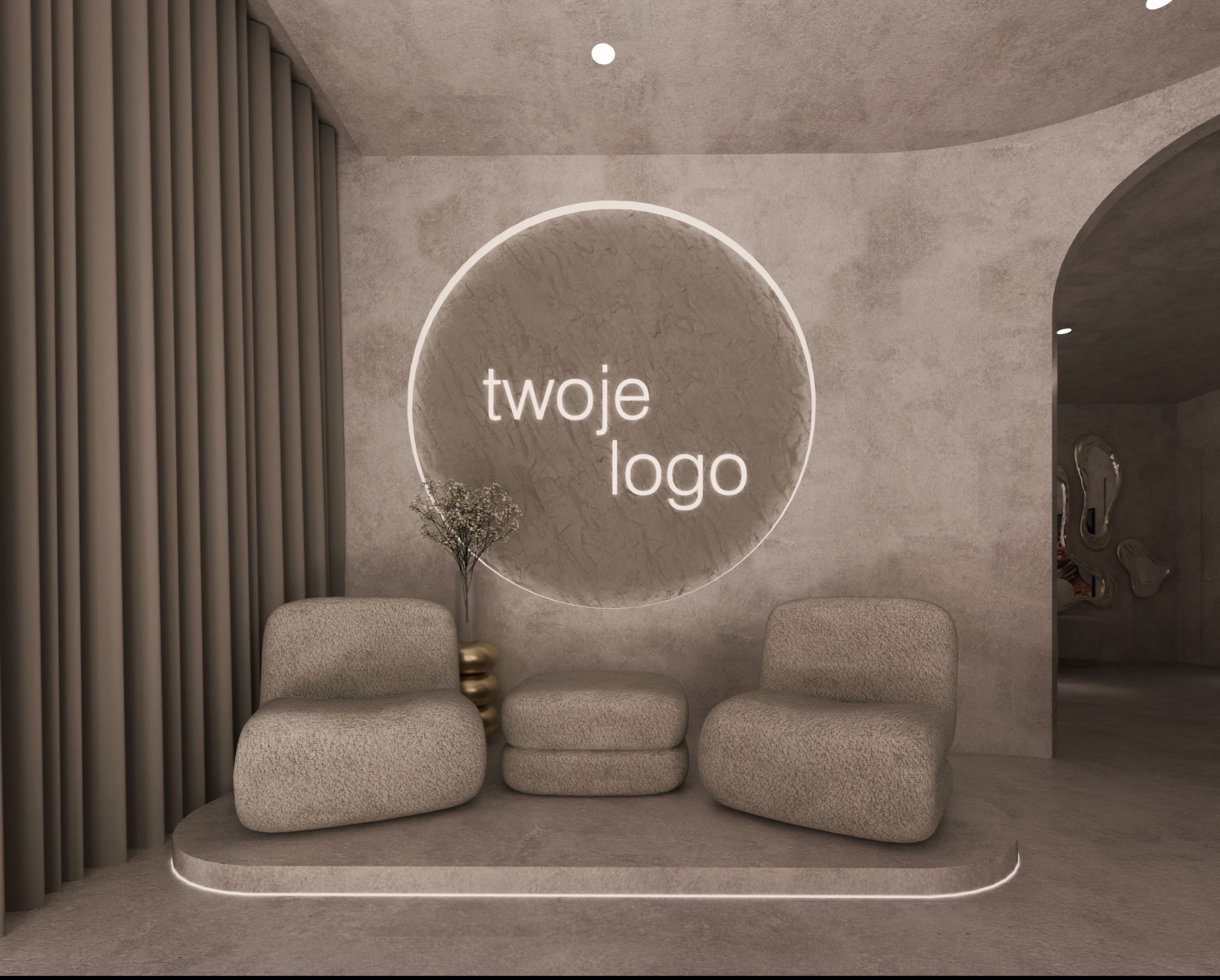 Stylowa aranżacja wnętrza w odcieniach beżu z dwoma fotelami, pufą i okrągłym neonem z napisem 'twoje logo'. Minimalistyczny design z dekoracyjnymi zasłonami i lustrami.